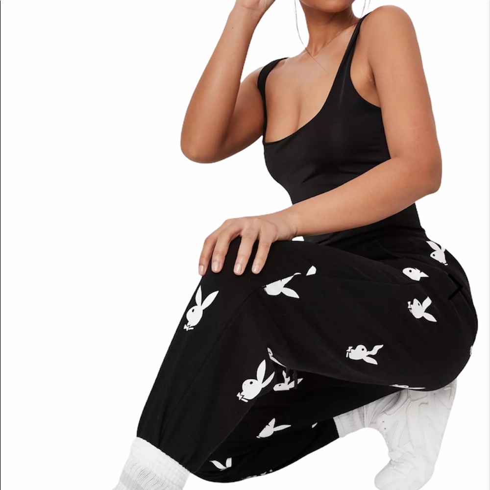 🔄 Playboy Black Repeat Bunny Print Joggers - Picture 1 of 6